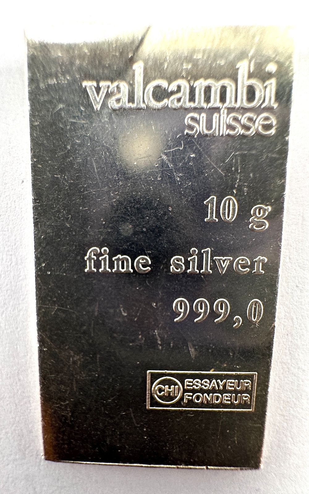 Lot 262: A Valcambi Suisse 10 Gram .999 Fine Silver Bullion Bar