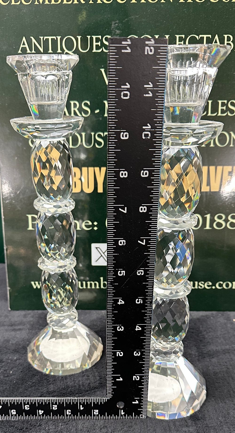 Lot 69: A Pair of Contemporary Faceted Crystal Glass Candlesticks