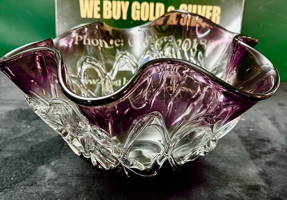 Lot 70: A Hand-Blown Purple and Clear Glass Centrepiece Bowl