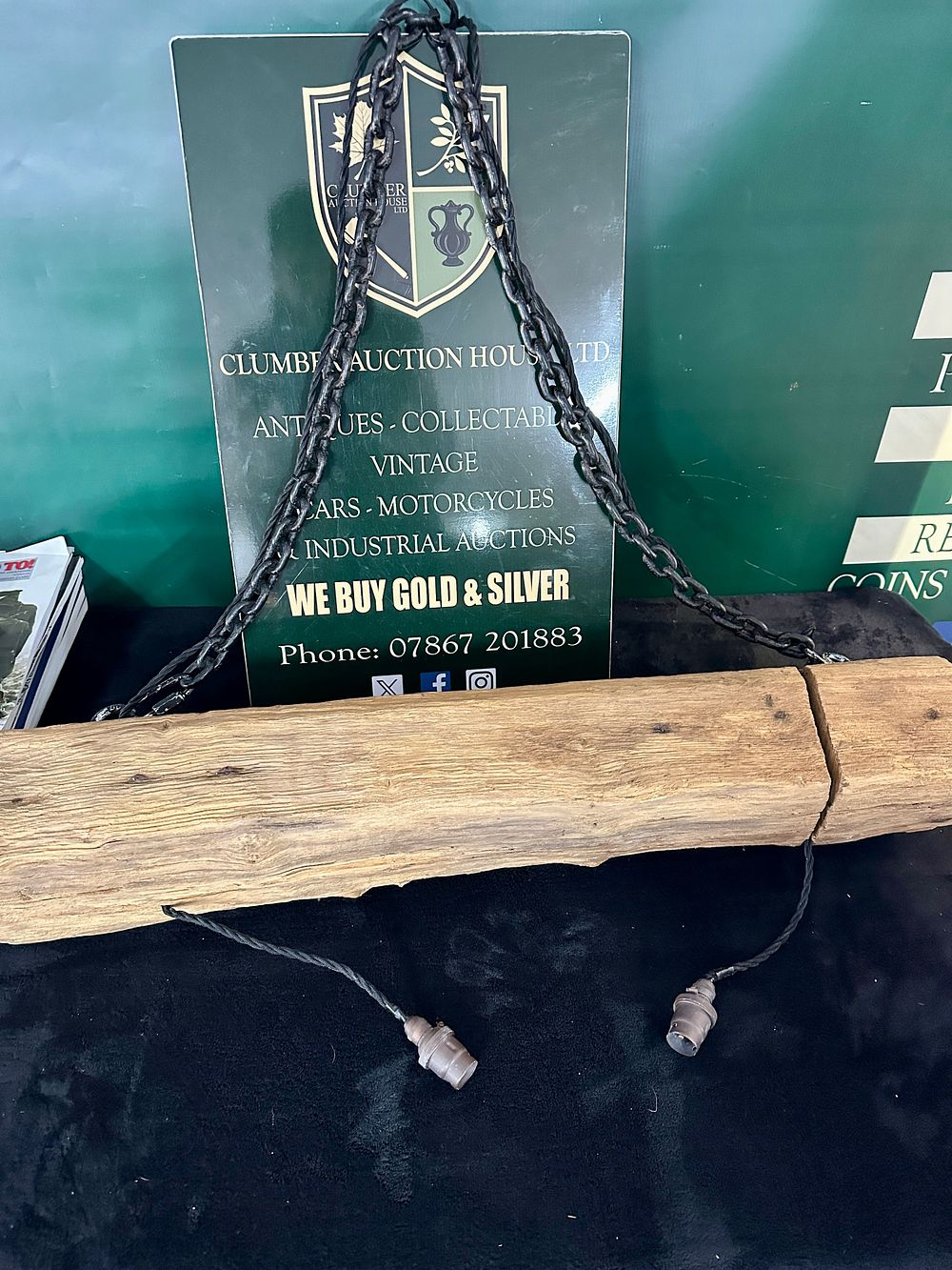 Lot 73: A Reclaimed Timber Beam Chandelier With Metal Chain Suspension
