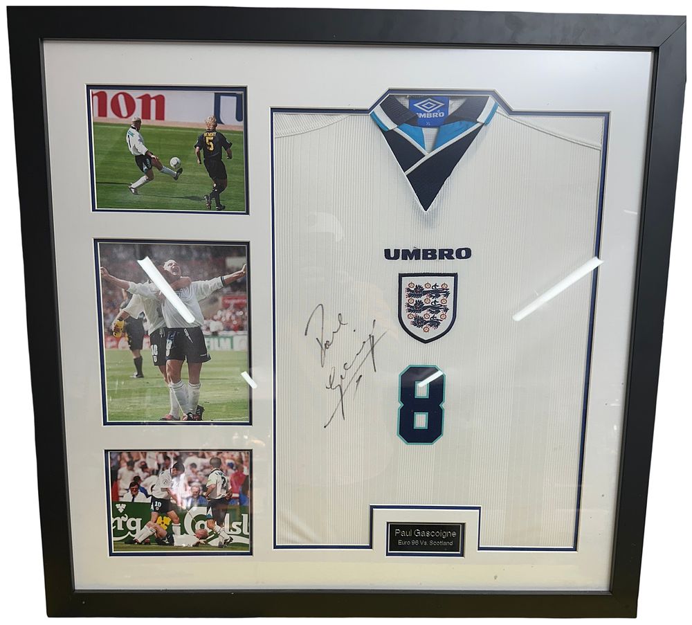 Lot 160: A Paul Gascoigne Signed England Euro 96 Football Jersey Display