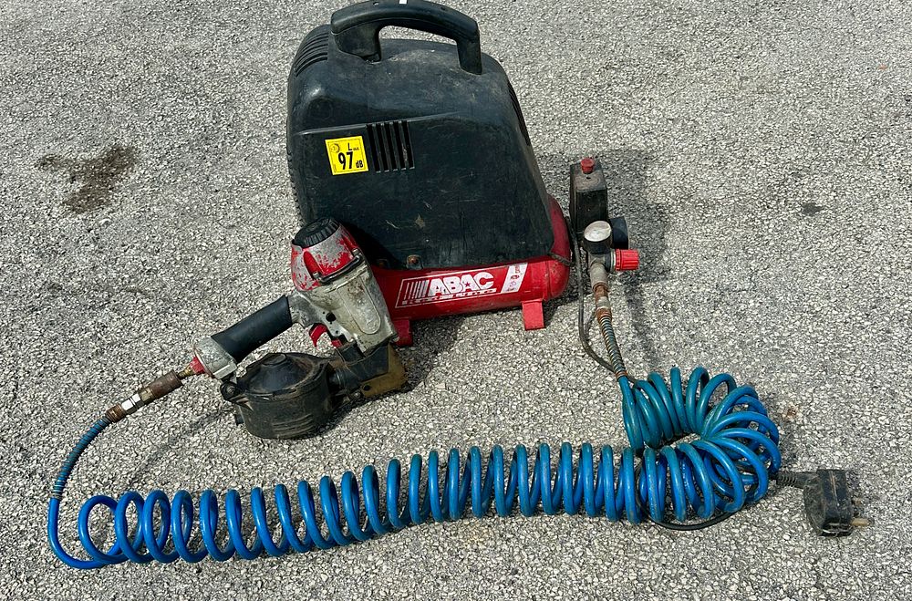 Lot 350: An ABAC Red Line 1.5 HP Portable Compressor and Coil Nailer
