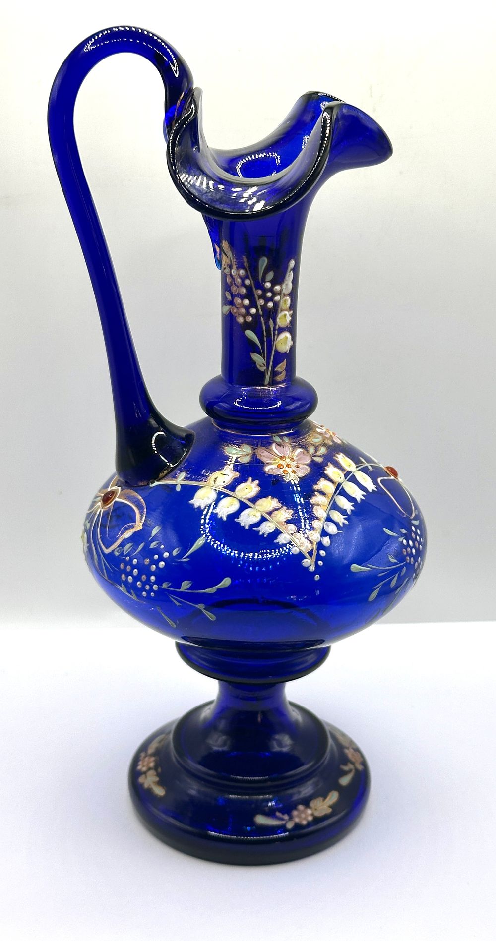 Lot 161: A Late 19th Century Cobalt Blue Glass Ewer, with Hand-Painted Enamel Decoration