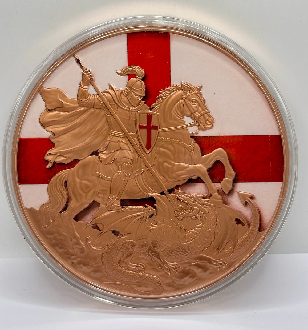 Lot 381: TBL Mint 1 Kilo Fine Copper Saint George and the Dragon Commemorative Round