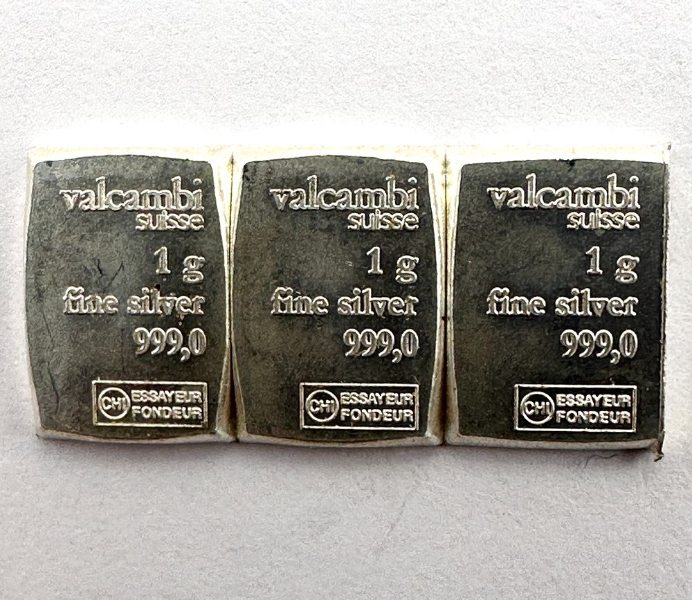 Lot 65: Three Valcambi Suisse 1g 999 Fine Silver Bullion Bars