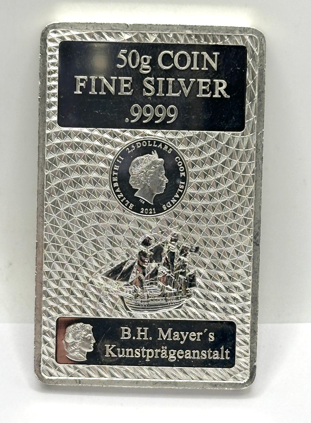 Lot 87: Cook Islands 2021 B.H. Mayer .9999 Fine Silver 50g Coin Bar