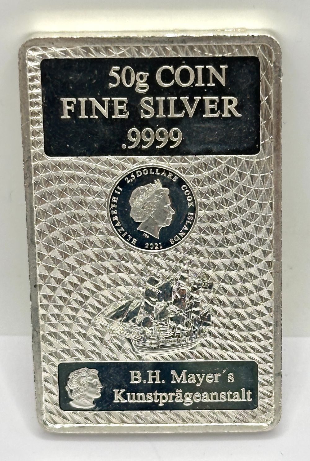 Lot 19: Cook Islands 2021 Elizabeth II 50g Fine Silver .9999 Coin Bar