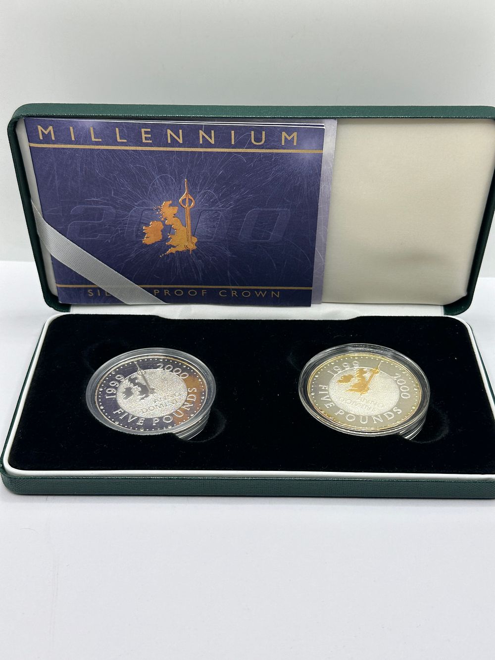 Lot 29: UK 1999 and 2000 Millennium Silver Proof Five Pound Set