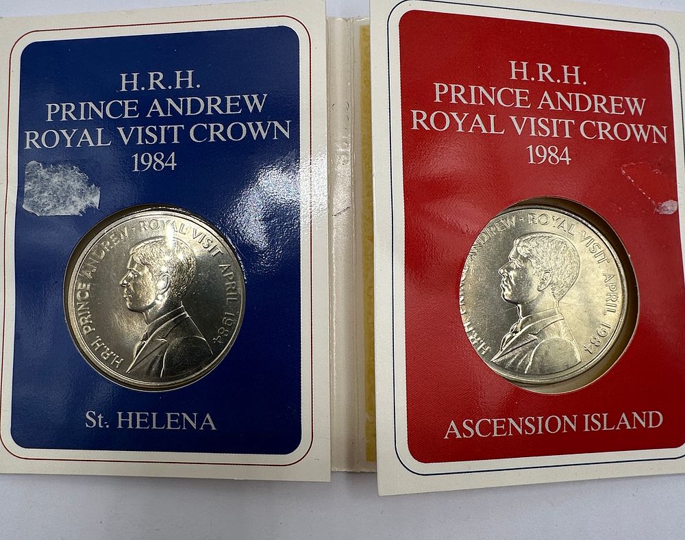 Lot 48: St. Helena and Ascension Island 1984 Prince Andrew Royal Visit Crown Pair