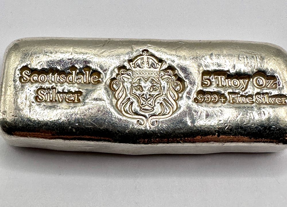 Lot 102: Scottsdale Silver 5 Troy Oz .999+ Fine Silver Cast Bullion Bar