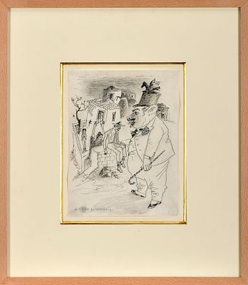 BERNARDO MARQUES - 1899-1962 "A visita do senhorio", técnica mista sobre papel, não assinada 