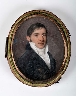 Portrait of a gentleman. miniature on ivory gilt metal frame fitted into cardboard case base 