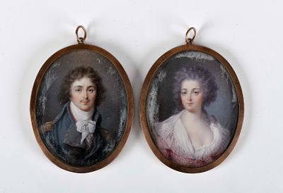 Portraits of a gentleman and a lady. a pair of miniatures on ivory metal frame and monograms in 