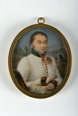 An officer with the cross of the Supreme Order of Christ (Vatican) stands beside Mount Vesuvius 
