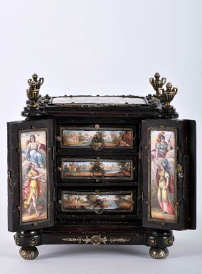 A Two-door Miniature Jewelry Box. ebonised wood enamelled plaques, polychrome decoration "The 