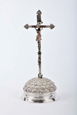 A crucifix. silver "Christ" and "Our Lady of the Immaculate Conception" lead sculptures with 
