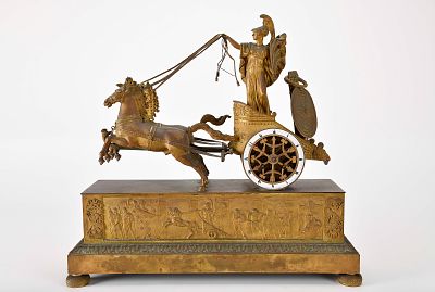 A table clock - "Athena". Empire chiselled and gilt bronze en relief white enamel dial 