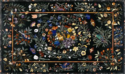 A plaque. black stone with inlays made hardstones of various colours "Birds, fruits and flowers" 