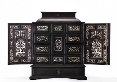 A two-door cabinet. mannerist scots pine and oak veneer with ebony and ivory inlays "Fantastic 