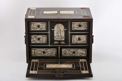 A table bureau. mannerist Brazilian-rosewood ivory plaques inlaid with black engraved decoration 
