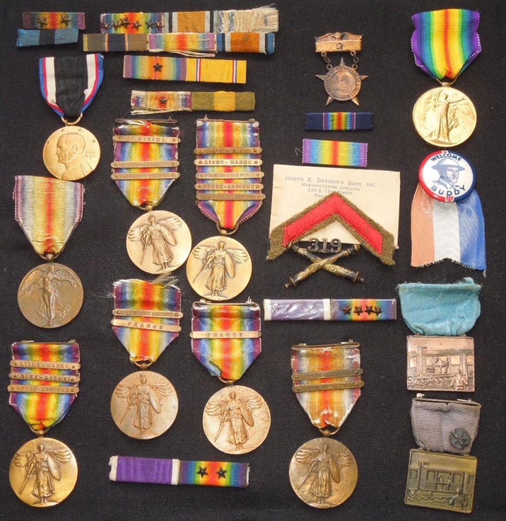 Lot 18B: Collection of WWI Victory Medals Purple Heart Ribbons