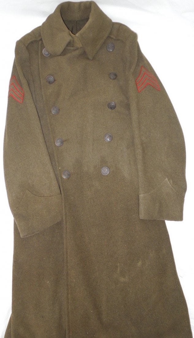Lot 32A: 1920s Named USMC Sergeant Overcoat 7th Marines