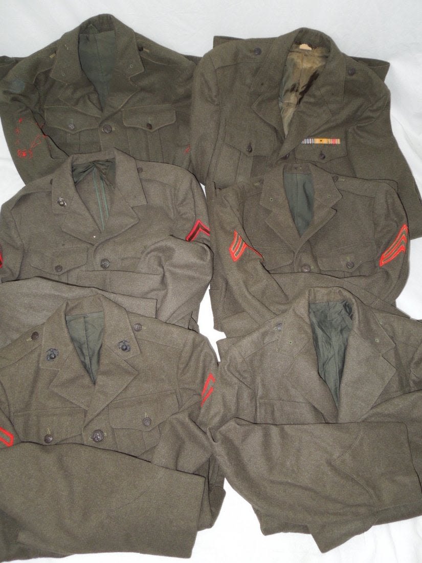 Lot 97D: 6x WWII - Korean War Named USMC Uniforms with Patches