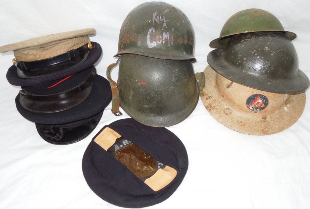Lot 101B: WWII - Vietnam US M-1 Helmets USMC Visor Caps Lot
