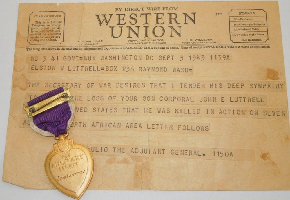 Lot 120A: WWII KIA 3rd Infantry Div Purple Heart Medal Telegram