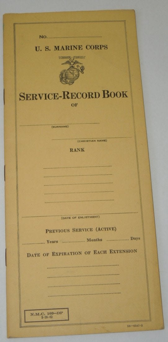 Lot 134A WWII USMC Service Record Book 1942 CNY Militaria