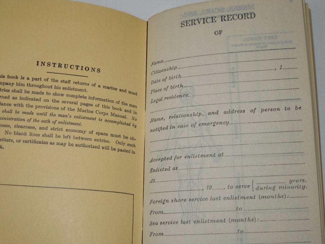 Lot 134A WWII USMC Service Record Book 1942 CNY Militaria