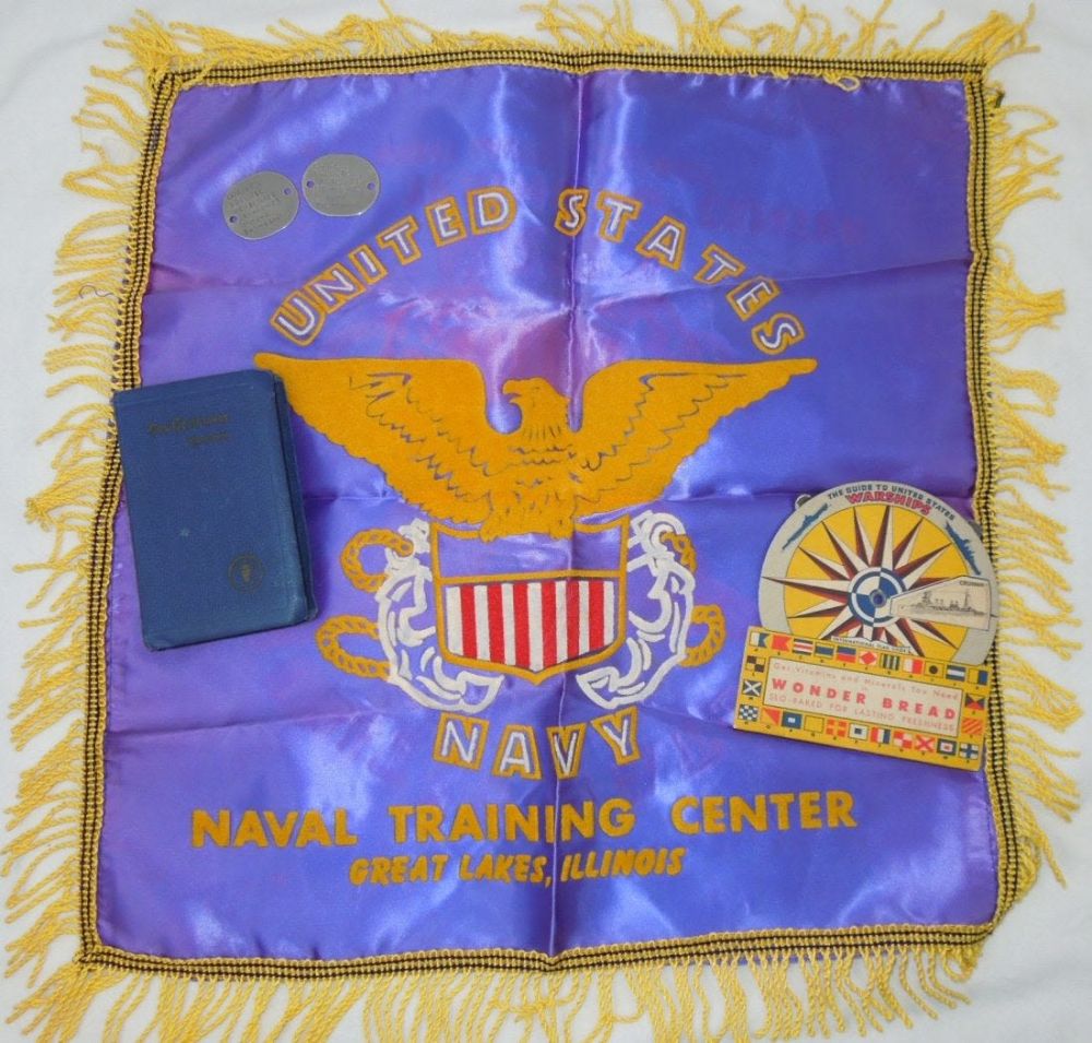 Lot 259A: WWII US Navy USS LST-1039 Dog Tag Bible Okinawa Group