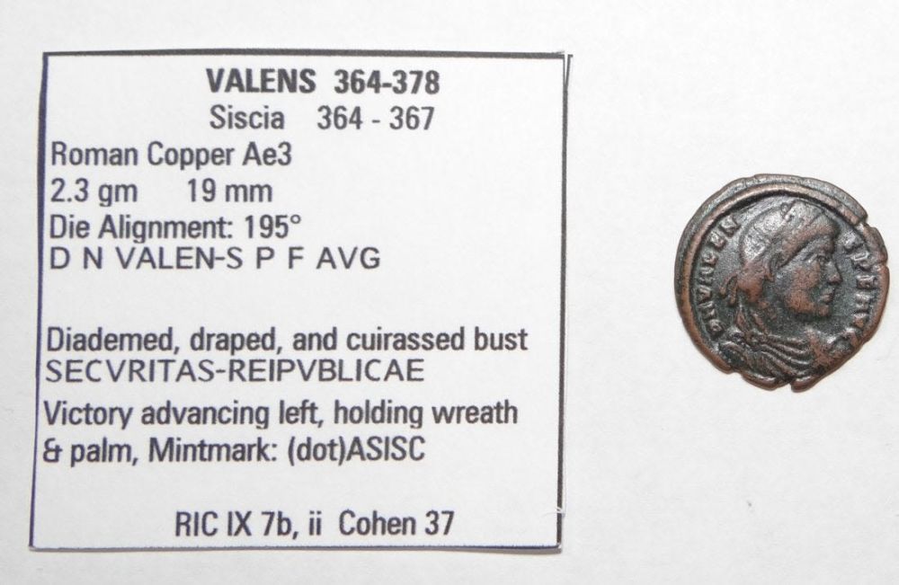 Lot 288: VALENS Siscia SECVRITAS Ancient Roman Coin