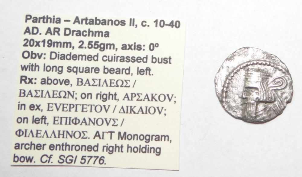 Lot 290: ARTABANOS II Parthia AR Drachma SILVER Greek Coin