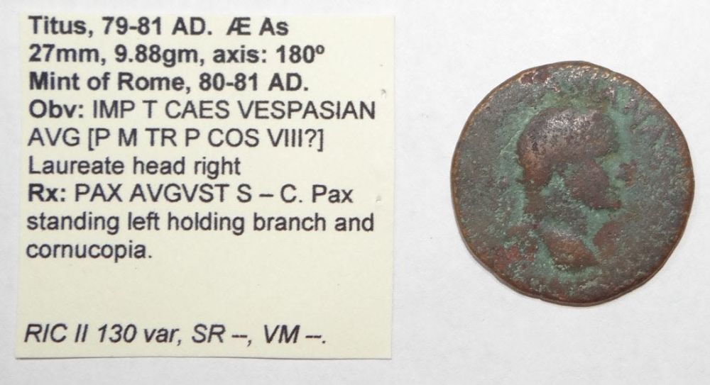 Lot 296: TITUS Rome PAX AVGVST S C VESPASIAN Ancient Roman Coin