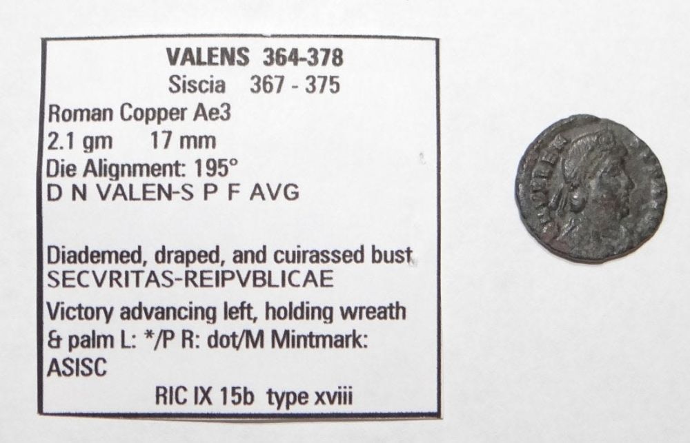 Lot 309: VALENS Siscia SECVRITAS REIPVBLICAE Ancient Roman Coin