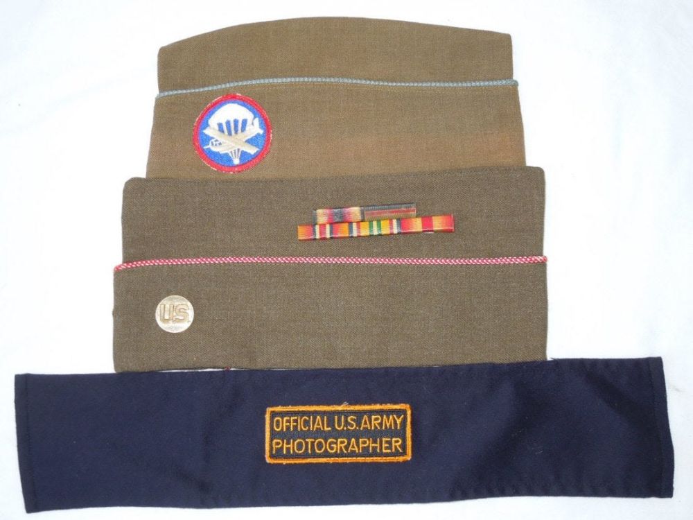 Lot 387: WWII Photographer Armband Airborne Cap USMM Ribbons