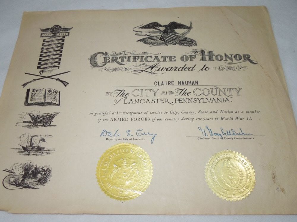 Lot 398: WWII Lancaster Pennsylvania Certificate of Honor WAC