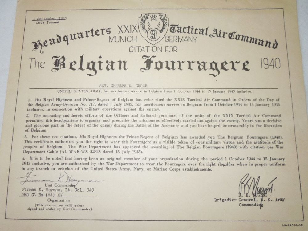 Lot 407: WWII 9th AAF Sergeant Belgian Fourragere Certificate