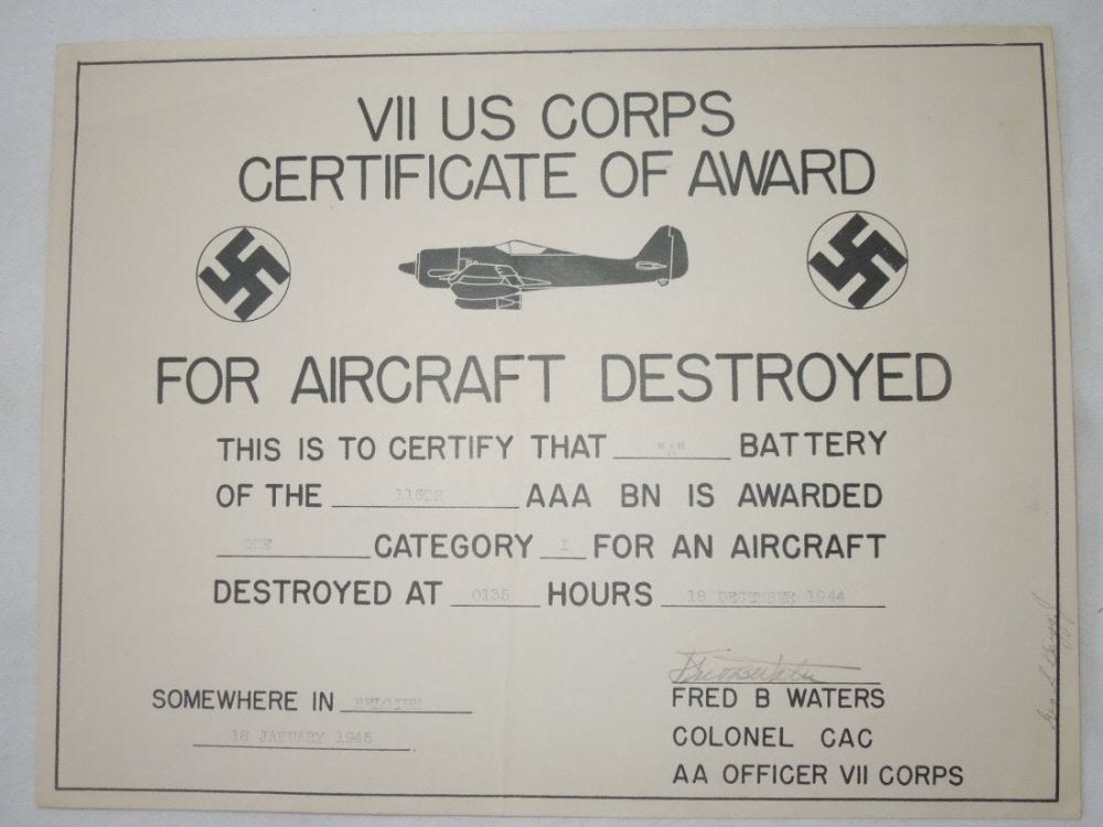 Lot 409: WWII US VII Corps Certificate for German Aircraft