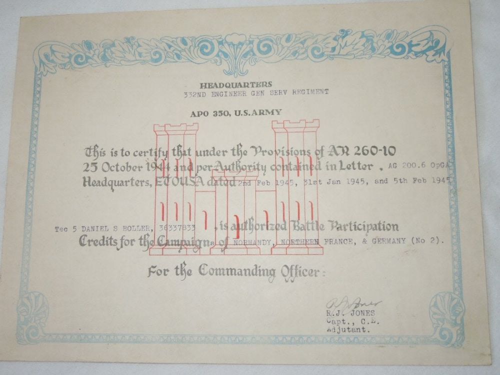 Lot 412: WWII US 332nd Engineer Gen. Service Regt. Certificate