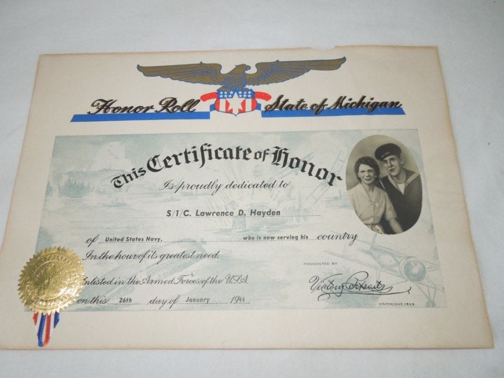 Lot 416: WWII US Navy Sailor Certificate of Honor Michigan 1944