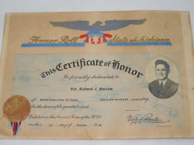 Lot 417 WWII 8th USAAF Certificate of Honor Michigan 1943 CNY Militaria