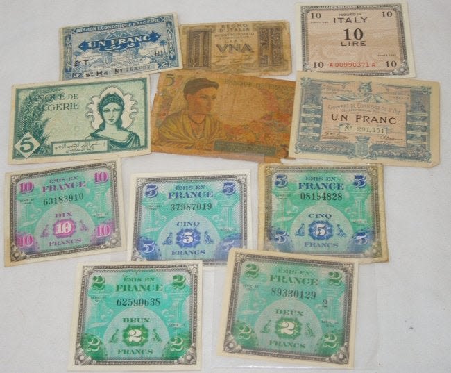 Lot 504: WWII French Franc & Italian Lire Paper Money Currency