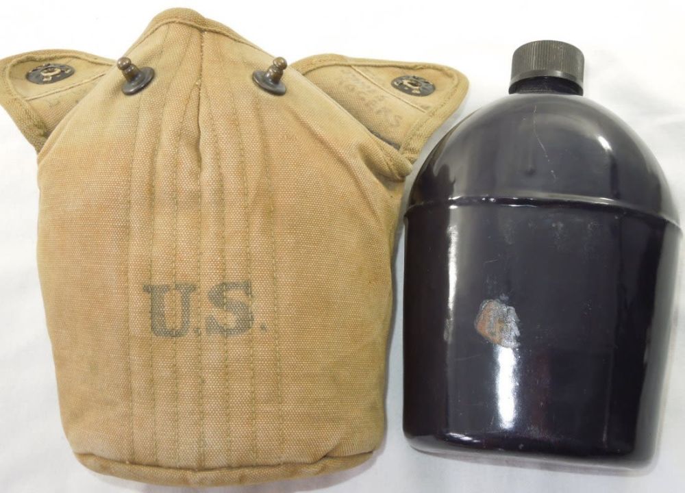 Lot 183: WWII Named US Military Black Enamel Canteen & Pouch