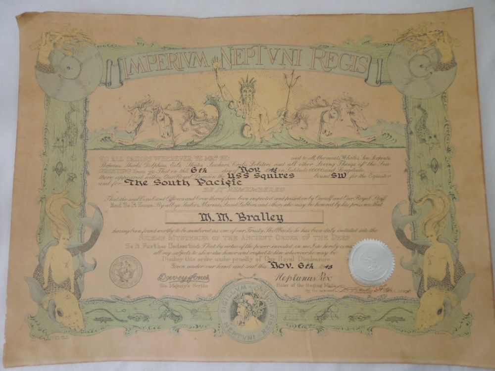 Lot 187: WWII 1943 Neptunus Rex USS Squires Equator Crossing