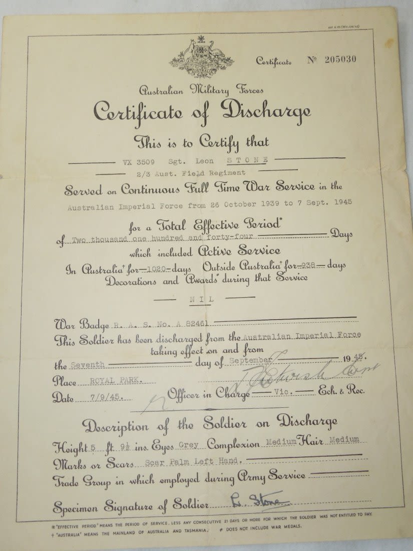 Lot 192: WWII Australian Military Imperial Forces Service Record