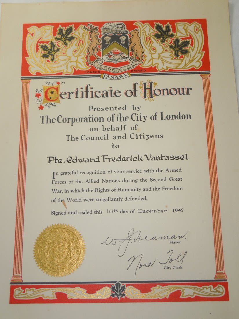 Lot 195: WWII 1945 City of London Canada Certificate of Honour