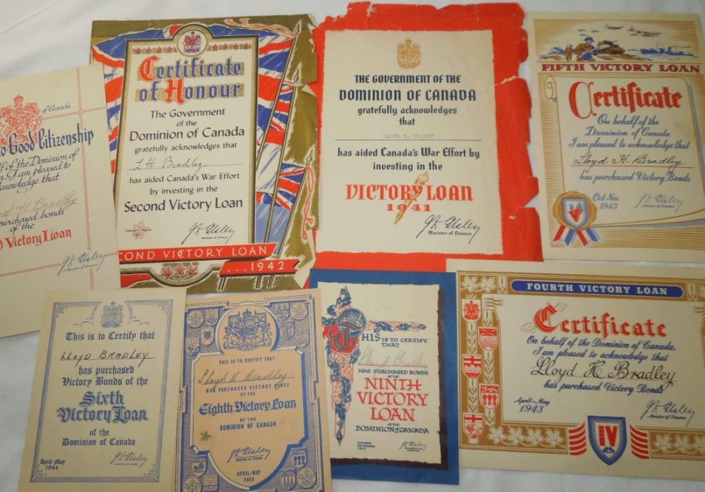 Lot 205: WWII Canadian Victory Loan Certificates of Honour Lot