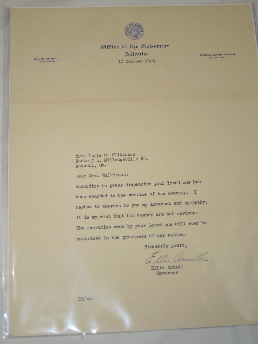 Lot 278: WWII US Military Wounded In Action GA Governor Signed